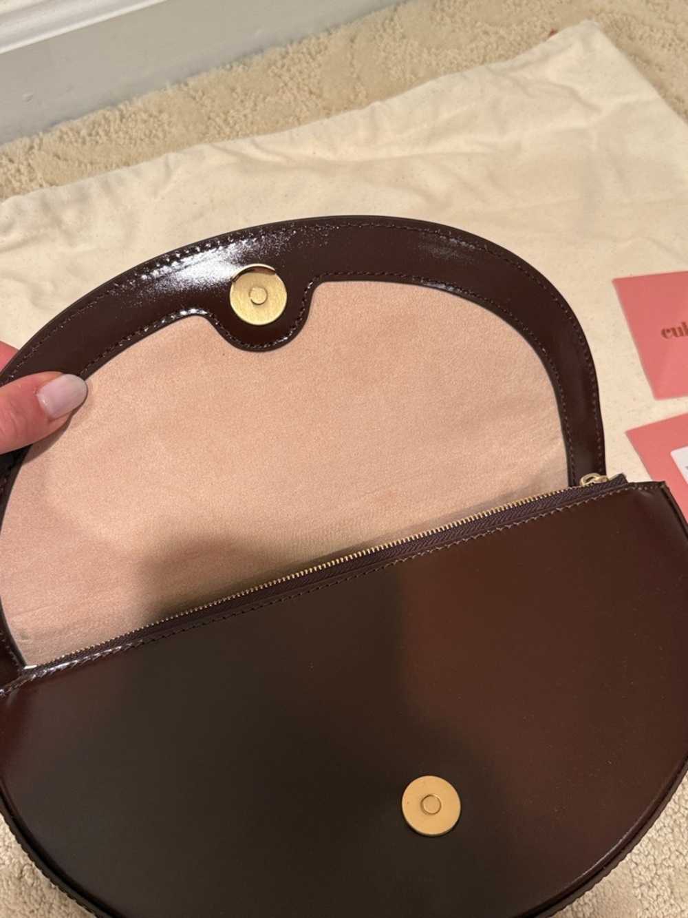 cult gaia dark brown leather half-moon mini bag with gold sculptural handle - Picture 5 of 8